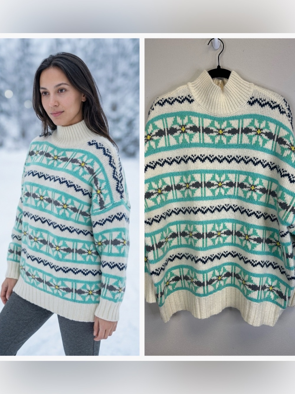 Fair Isle‎ Turtleneck Sweater Aqua Pattern Size L Oversized Nordic Scandinavian